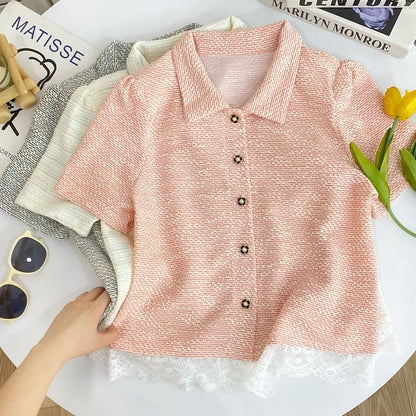 Collared Lace Panel Short-Sleeve Tweed Blouse