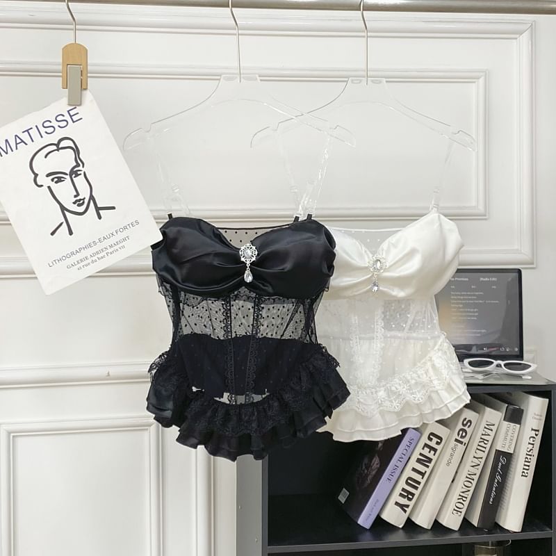 Invisible Strap Lace Panel Rhinestone Ruffle Crop Camisole