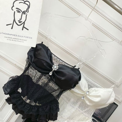 Invisible Strap Lace Panel Rhinestone Ruffle Crop Camisole