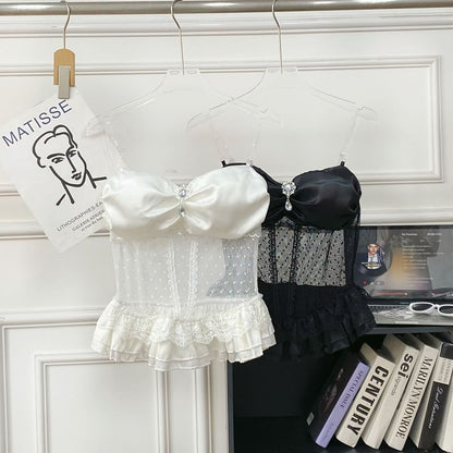 Invisible Strap Lace Panel Rhinestone Ruffle Crop Camisole