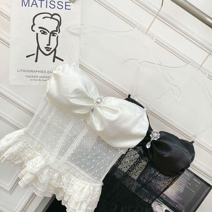 Invisible Strap Lace Panel Rhinestone Ruffle Crop Camisole
