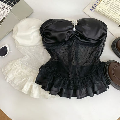Invisible Strap Lace Panel Rhinestone Ruffle Crop Camisole