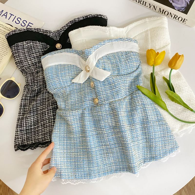 Buttoned Padded Tweed Lace-Trim Crop Tube Top