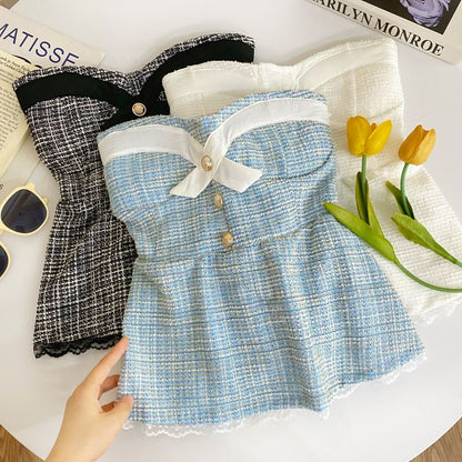Buttoned Padded Tweed Lace-Trim Crop Tube Top