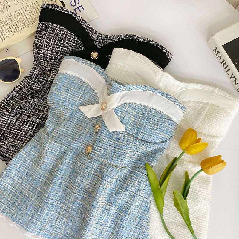 Buttoned Padded Tweed Lace-Trim Crop Tube Top