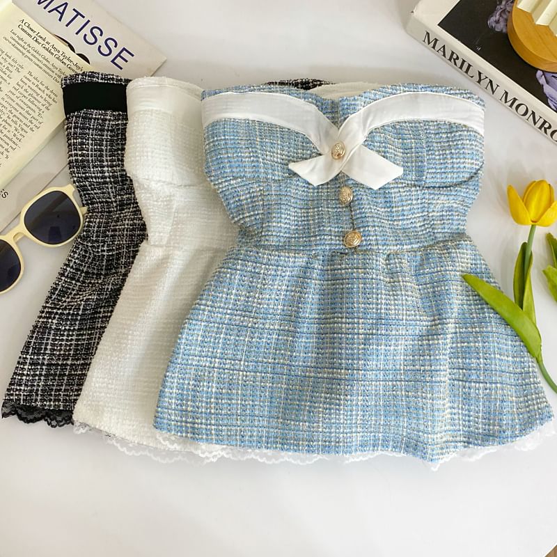 Buttoned Padded Tweed Lace-Trim Crop Tube Top