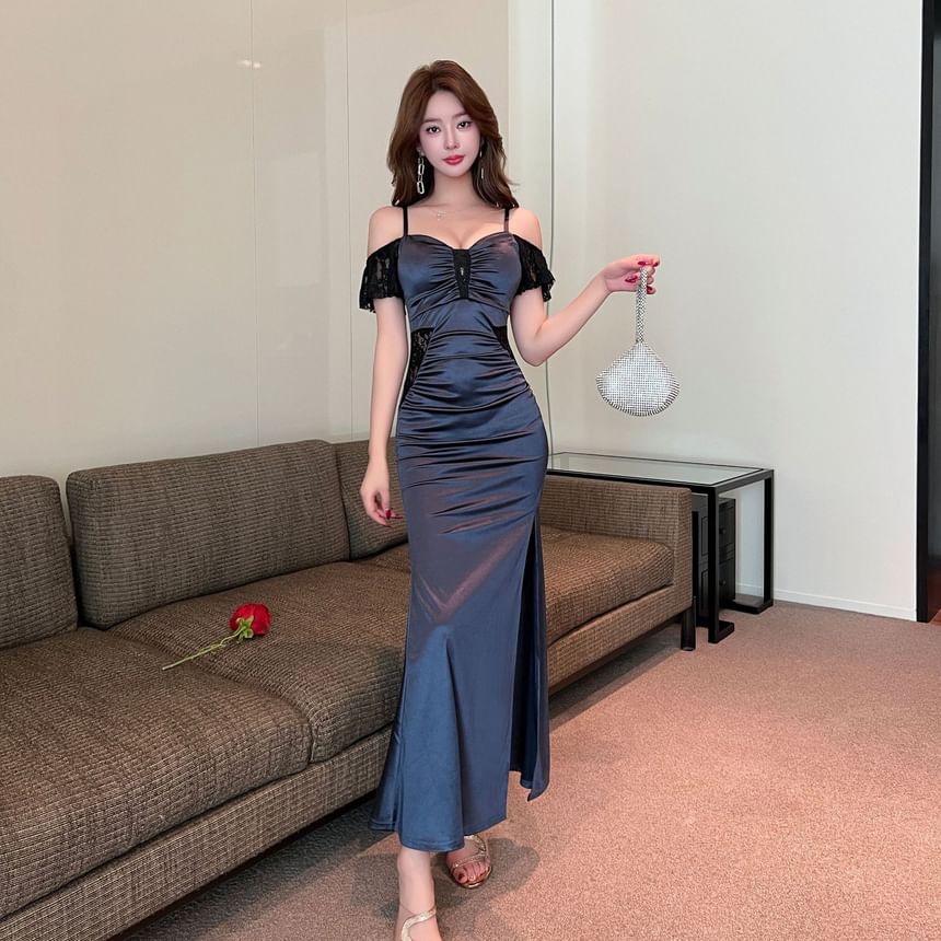 Short-Sleeve Cold Shoulder Lace Panel Ruched Slit Satin Mermaid Evening Dress