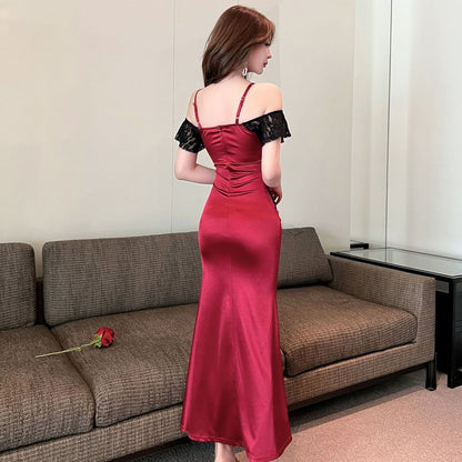 Short-Sleeve Cold Shoulder Lace Panel Ruched Slit Satin Mermaid Evening Dress