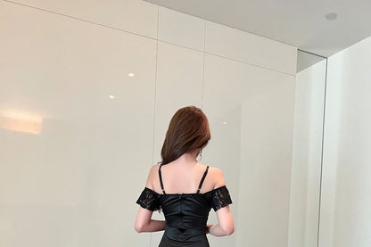 Short-Sleeve Cold Shoulder Lace Panel Ruched Slit Satin Mermaid Evening Dress