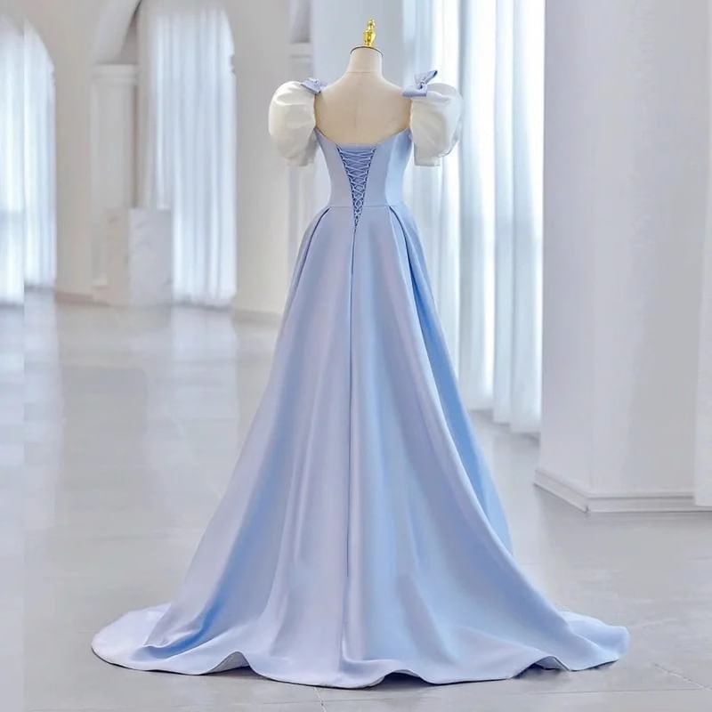 Short-Sleeve Square Neck A-Line Evening Dress