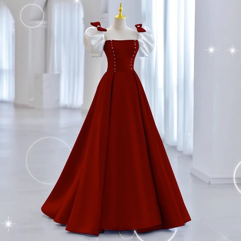 Short-Sleeve Square Neck A-Line Evening Dress