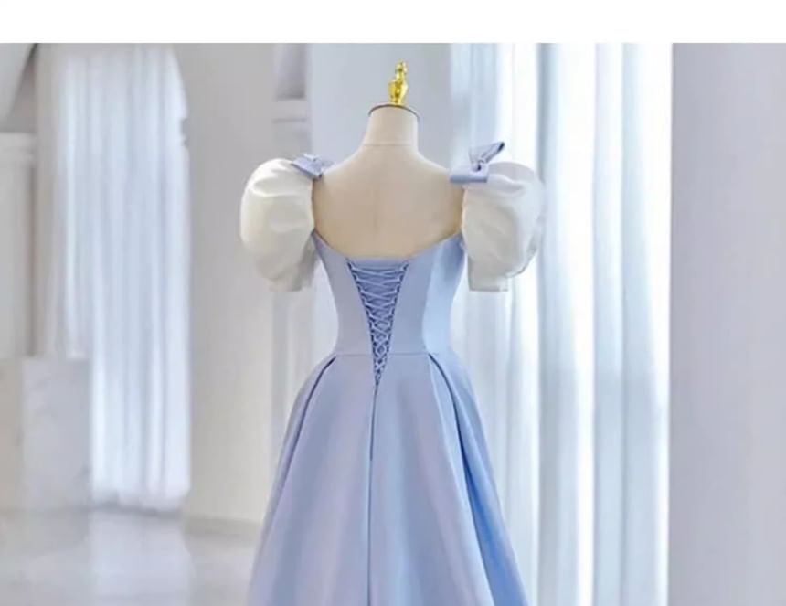 Short-Sleeve Square Neck A-Line Evening Dress