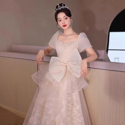 Short-Sleeve Square Neck Lace A-Line Evening Gown