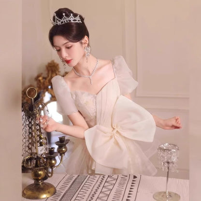 Short-Sleeve Square Neck Lace A-Line Evening Gown