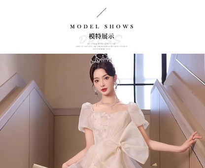 Short-Sleeve Square Neck Lace A-Line Evening Gown