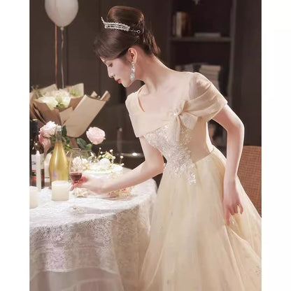 Short-Sleeve Square Neck Glitter A-Line Evening Gown / Midi Dress