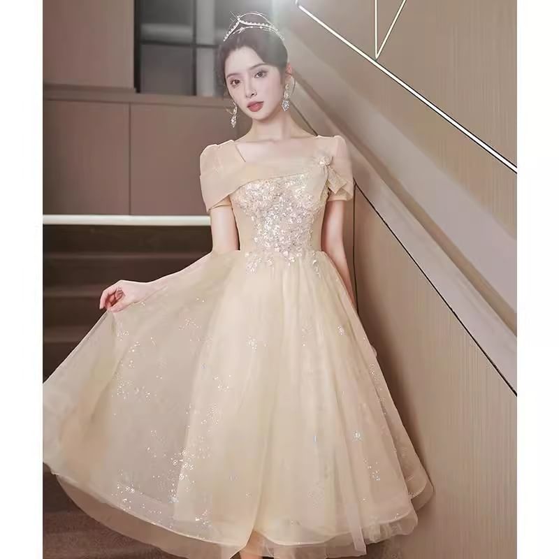 Short-Sleeve Square Neck Glitter A-Line Evening Gown / Midi Dress