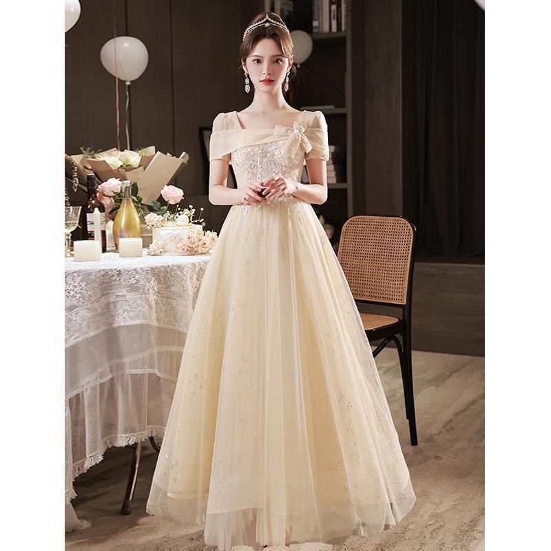 Short-Sleeve Square Neck Glitter A-Line Evening Gown / Midi Dress
