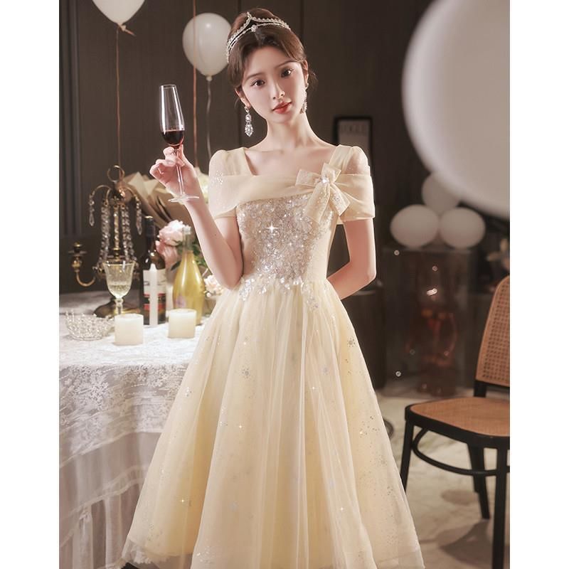 Short-Sleeve Square Neck Glitter A-Line Evening Gown / Midi Dress