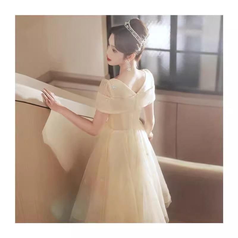 Short-Sleeve Square Neck Glitter A-Line Evening Gown / Midi Dress