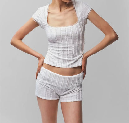 Scoop Neck Lace-Trim Textured Short-Sleeve Crop Tee
