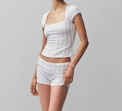 Scoop Neck Lace-Trim Textured Short-Sleeve Crop Tee