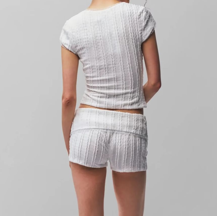 Scoop Neck Lace-Trim Textured Short-Sleeve Crop Tee