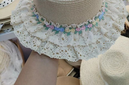 Lace Trim Floral Straw Hat