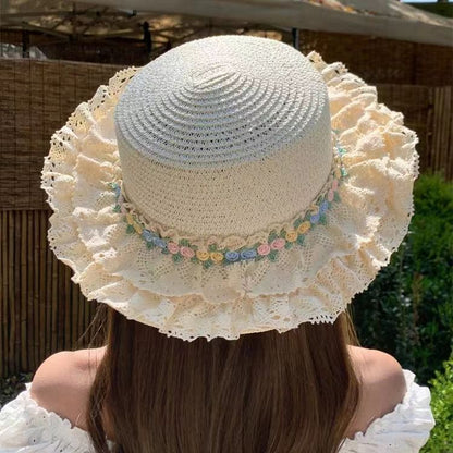 Lace Trim Floral Straw Hat