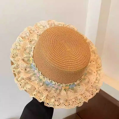 Lace Trim Floral Straw Hat