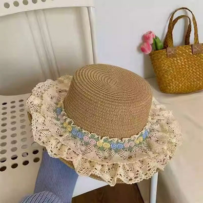 Lace Trim Floral Straw Hat