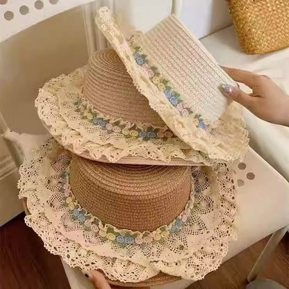 Lace Trim Floral Straw Hat