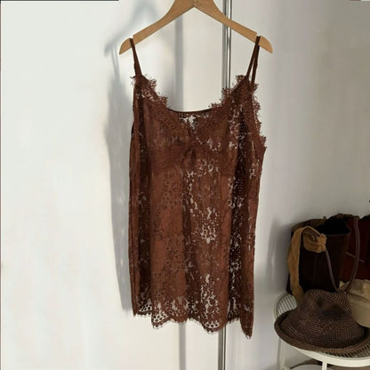 Spaghetti Strap V-Neck Plain Lace Cami Top