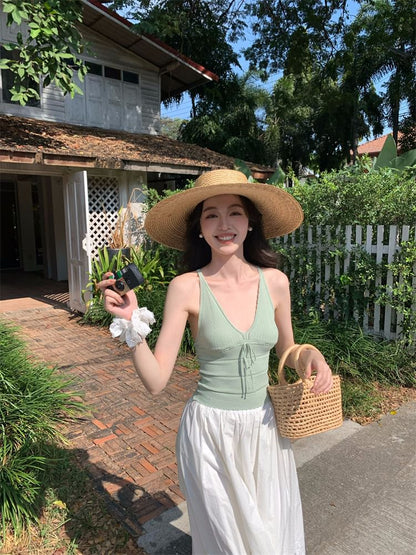 Top Neck Spaghetti V-Neck Tie Camisole Plain Strap