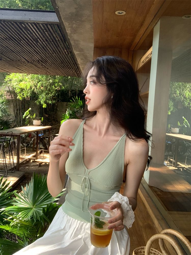 Spaghetti Strap V-Neck Plain Tie Neck Camisole Top