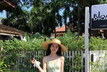 Top Neck Spaghetti V-Neck Tie Camisole Plain Strap