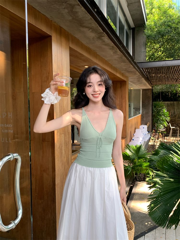 Top Neck Spaghetti V-Neck Tie Camisole Plain Strap