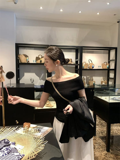 Off Knit Top Shoulder Ribbed Short-Sleeve Plain