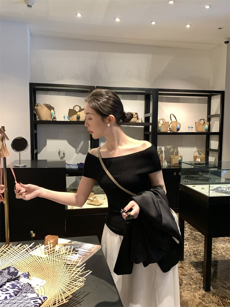 Short-Sleeve Off Shoulder Plain Ribbed Knit Top