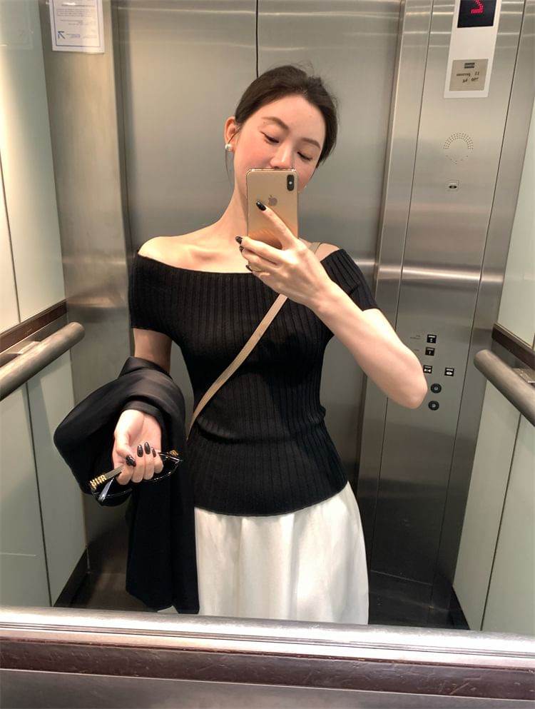 Short-Sleeve Off Shoulder Plain Ribbed Knit Top