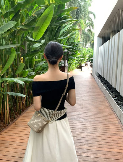 Off Knit Top Shoulder Ribbed Short-Sleeve Plain