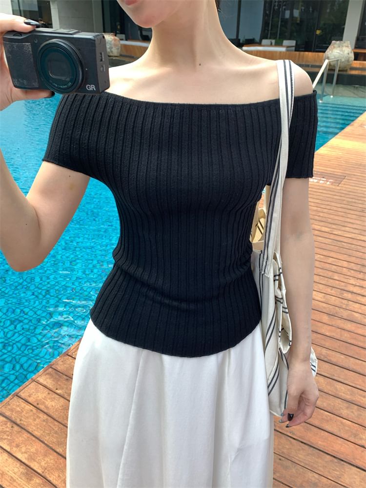 Short-Sleeve Off Shoulder Plain Ribbed Knit Top