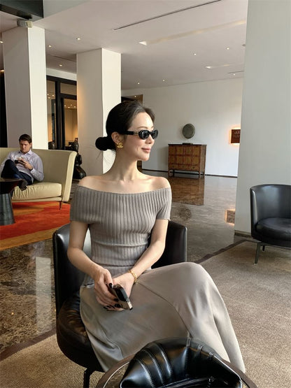 Short-Sleeve Off Shoulder Plain Ribbed Knit Top