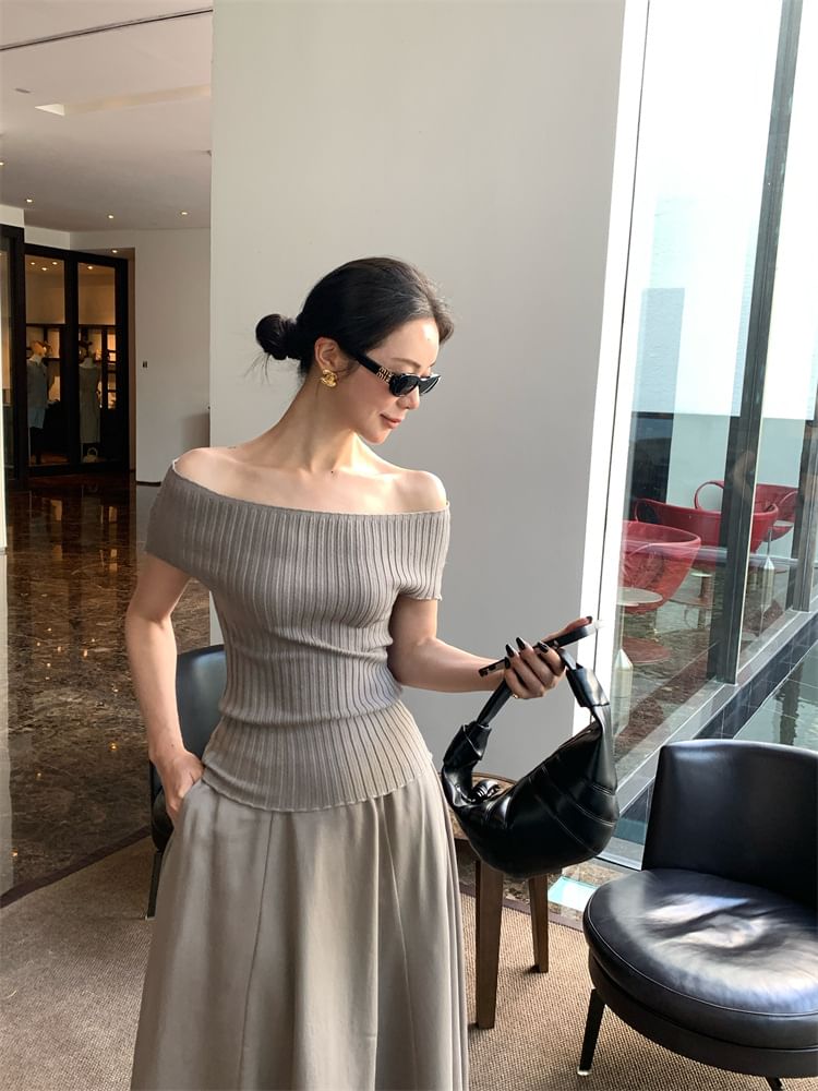 Short-Sleeve Off Shoulder Plain Ribbed Knit Top