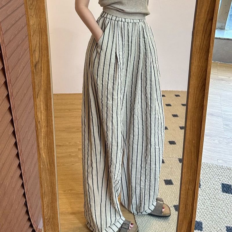 High Waist Plain Striped Wide Leg Pants
