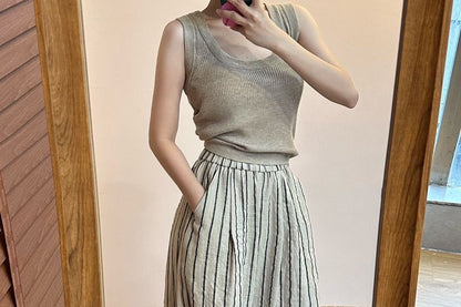 High Waist Plain Striped Wide Leg Pants