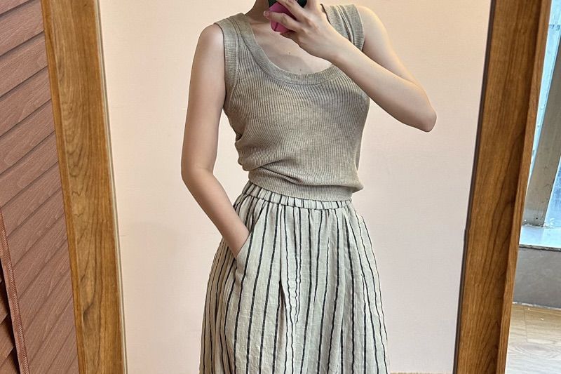 High Leg Waist Plain Wide Pants Striped