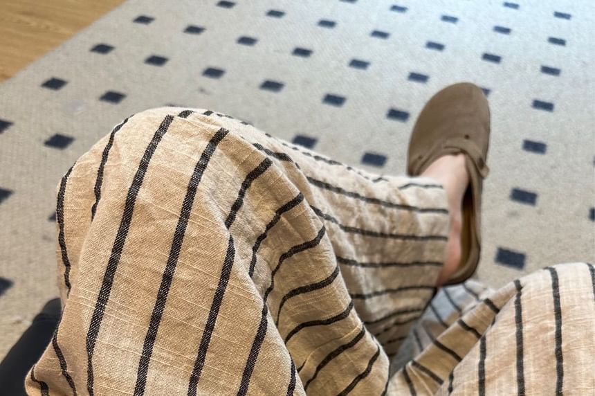 High Leg Waist Plain Wide Pants Striped