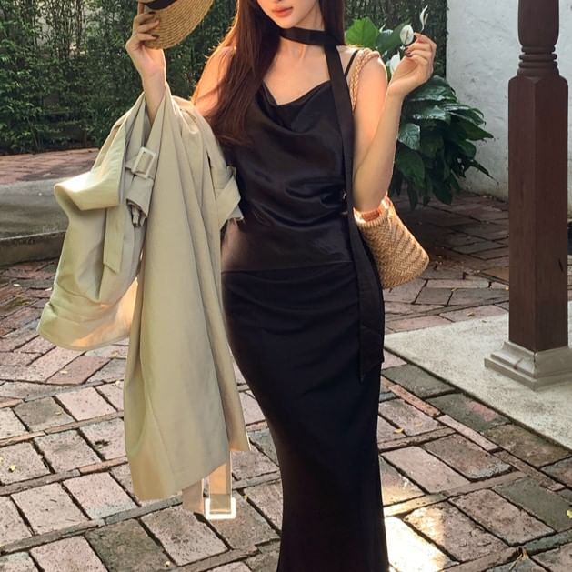 Neck Strap Spaghetti Plain Camisole Cowl Top