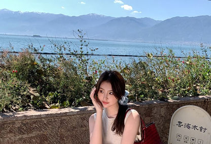 Crew Sleeveless Neck Plain Top Ribbed Knit